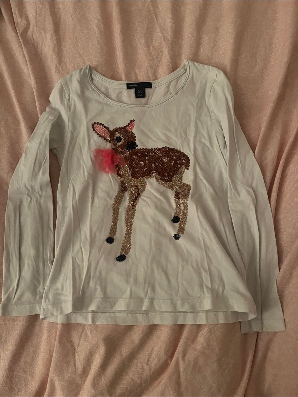 Gymboree White Long-Sleeve Sequin Fawn Top with Pink Tulle Bow